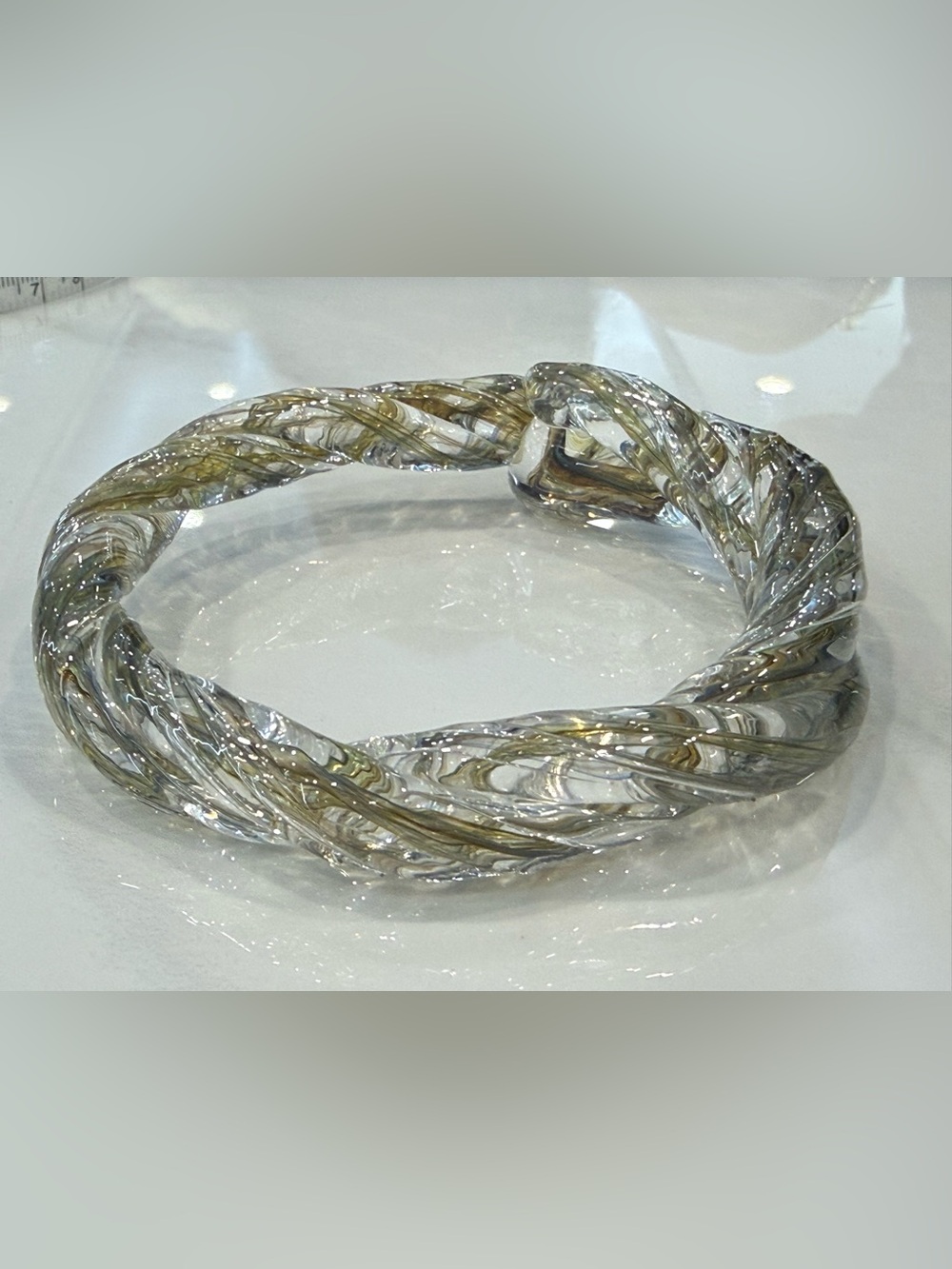 Dichroic Twist Bracelet Art Glass Bangle in Clear Gold Shimmering Tones - Picture 7 of 9